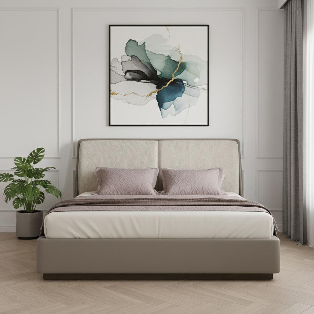 Gray & Cream Faux Leather Upholstered King Bed