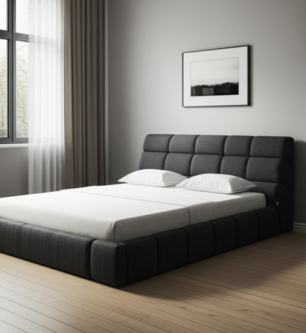 Dark Gray Tufted Linen Blend Upholstered Queen Bed