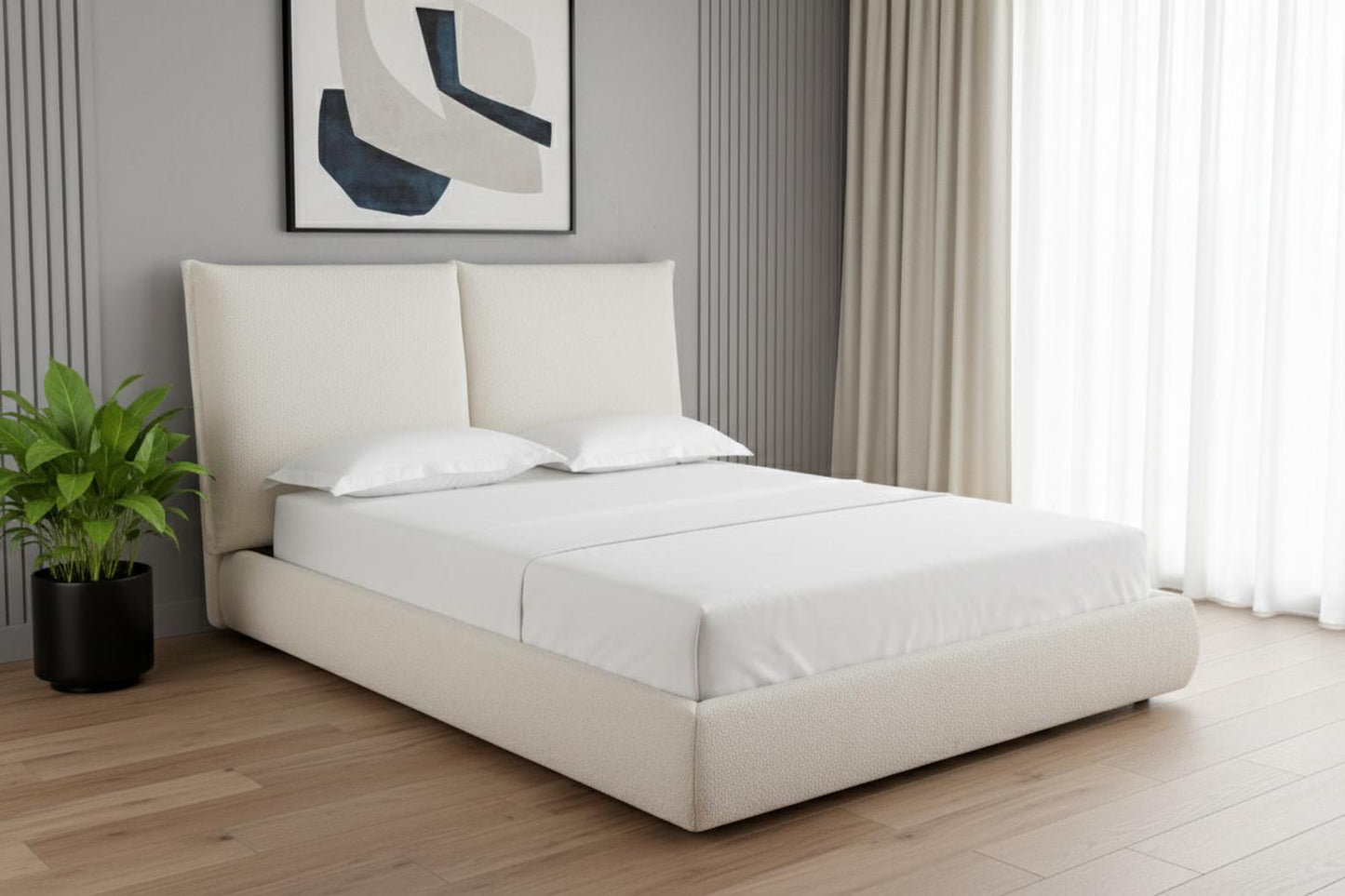 Beige Tufted Boucle Queen Bed