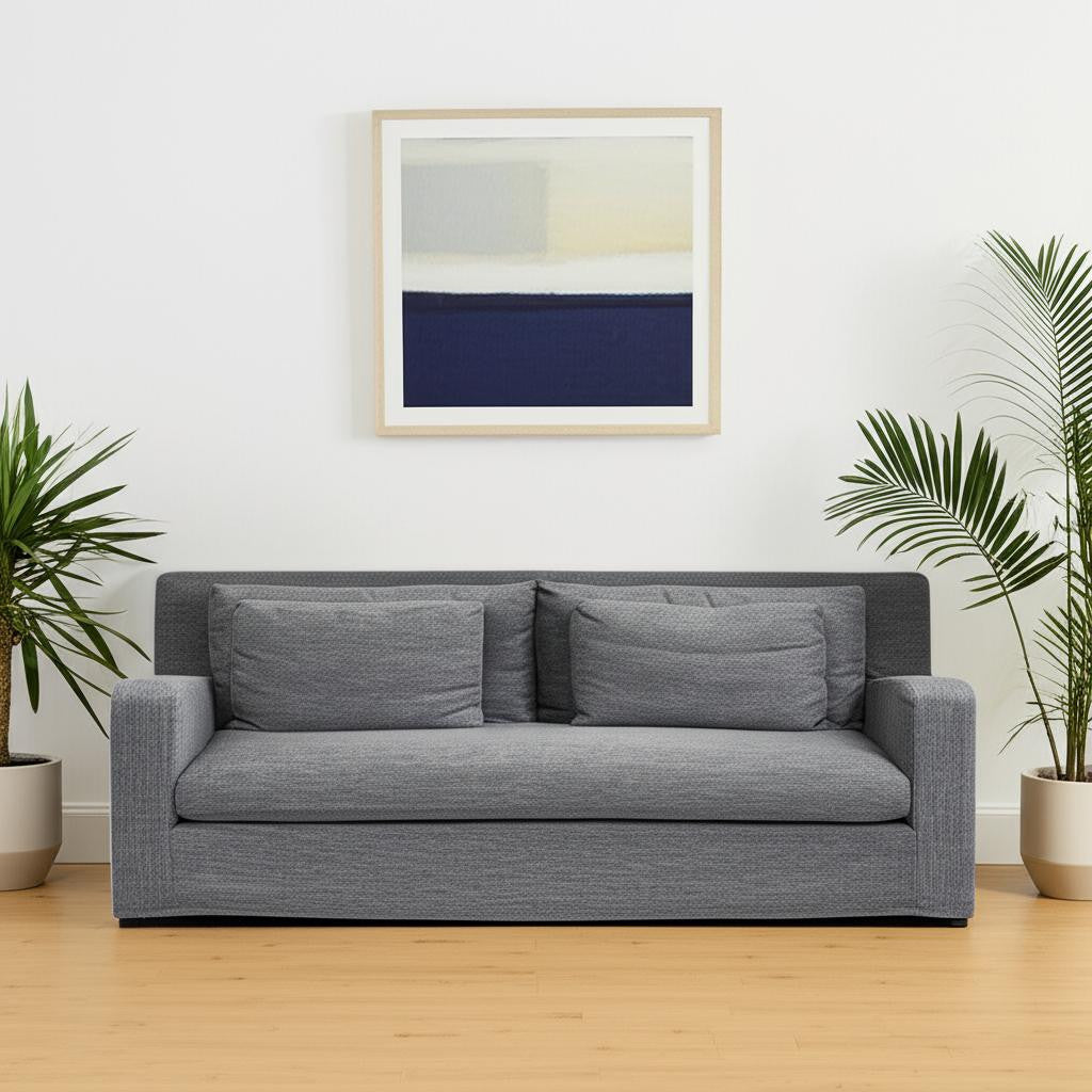 Dark Gray Slipcovered Fabric Sofa With Toss Pillows