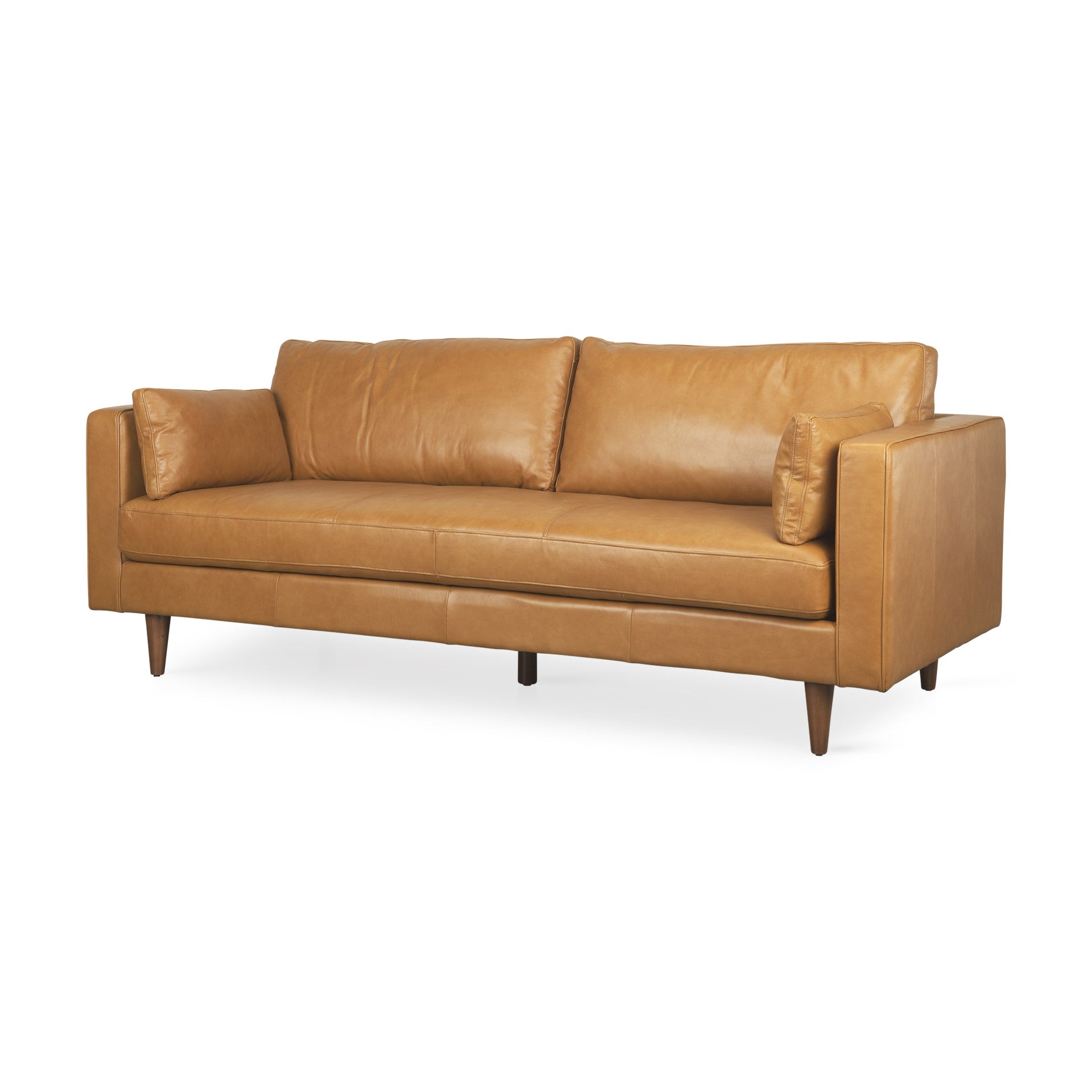 Tan Leather Sofa & Toss Pillows With Brown Legs