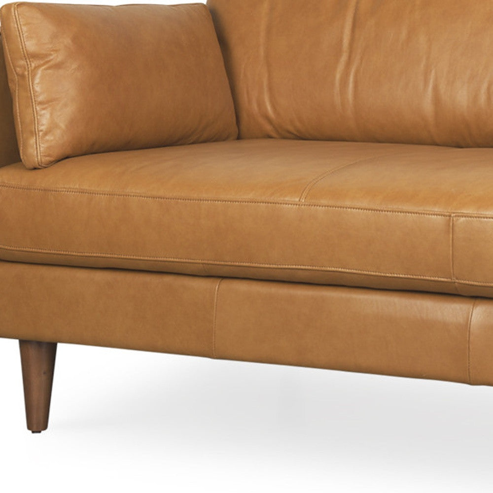 Tan Leather Sofa & Toss Pillows With Brown Legs