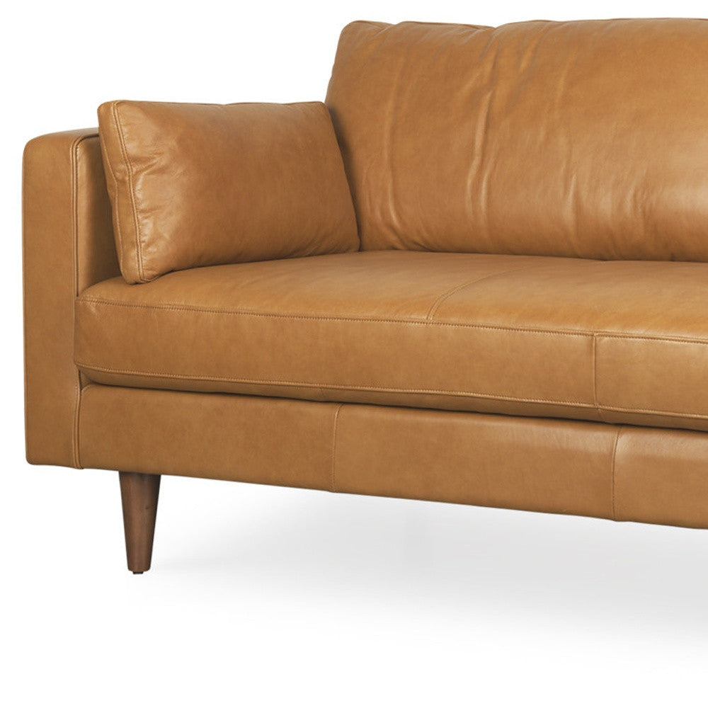Tan Leather Sofa & Toss Pillows With Brown Legs