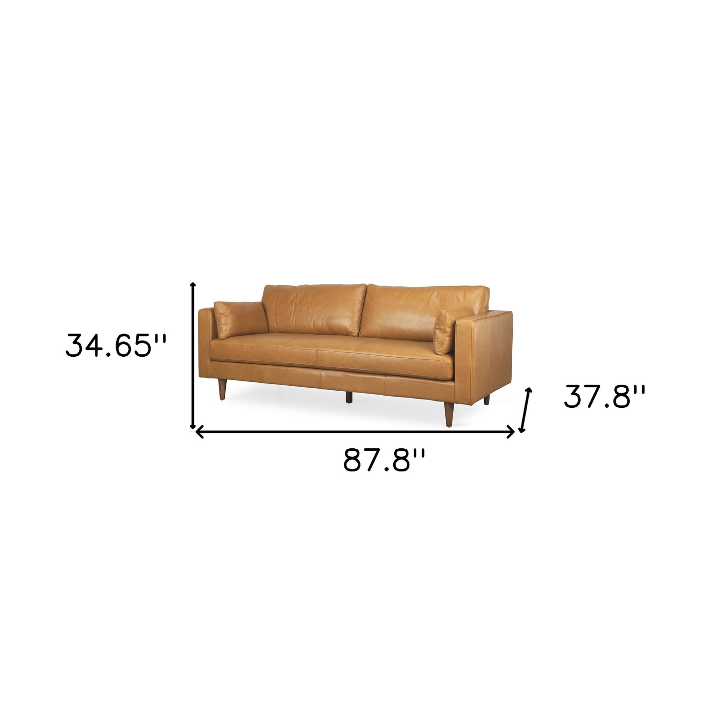 Tan Leather Sofa & Toss Pillows With Brown Legs