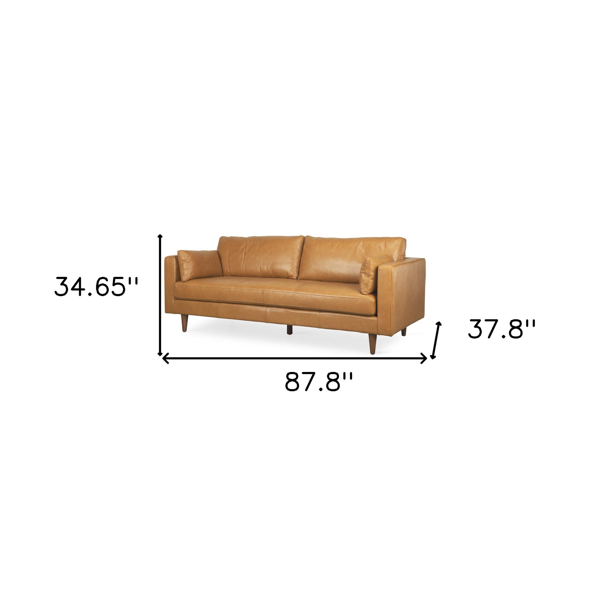 Tan Leather Sofa & Toss Pillows With Brown Legs