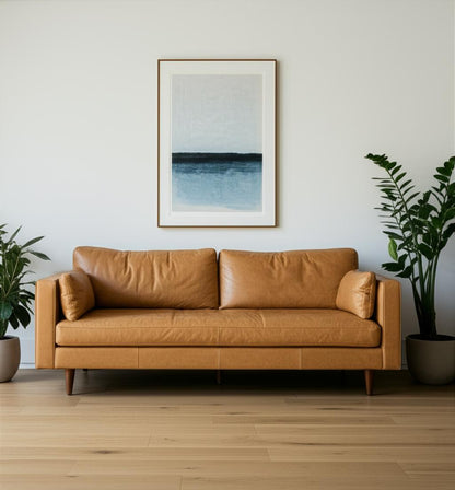 Tan Leather Sofa & Toss Pillows With Brown Legs