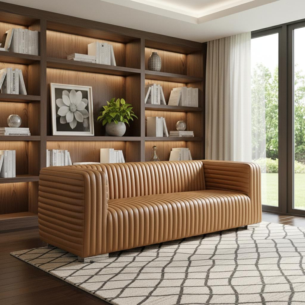 Brown Channel Tufted Leather Sofa