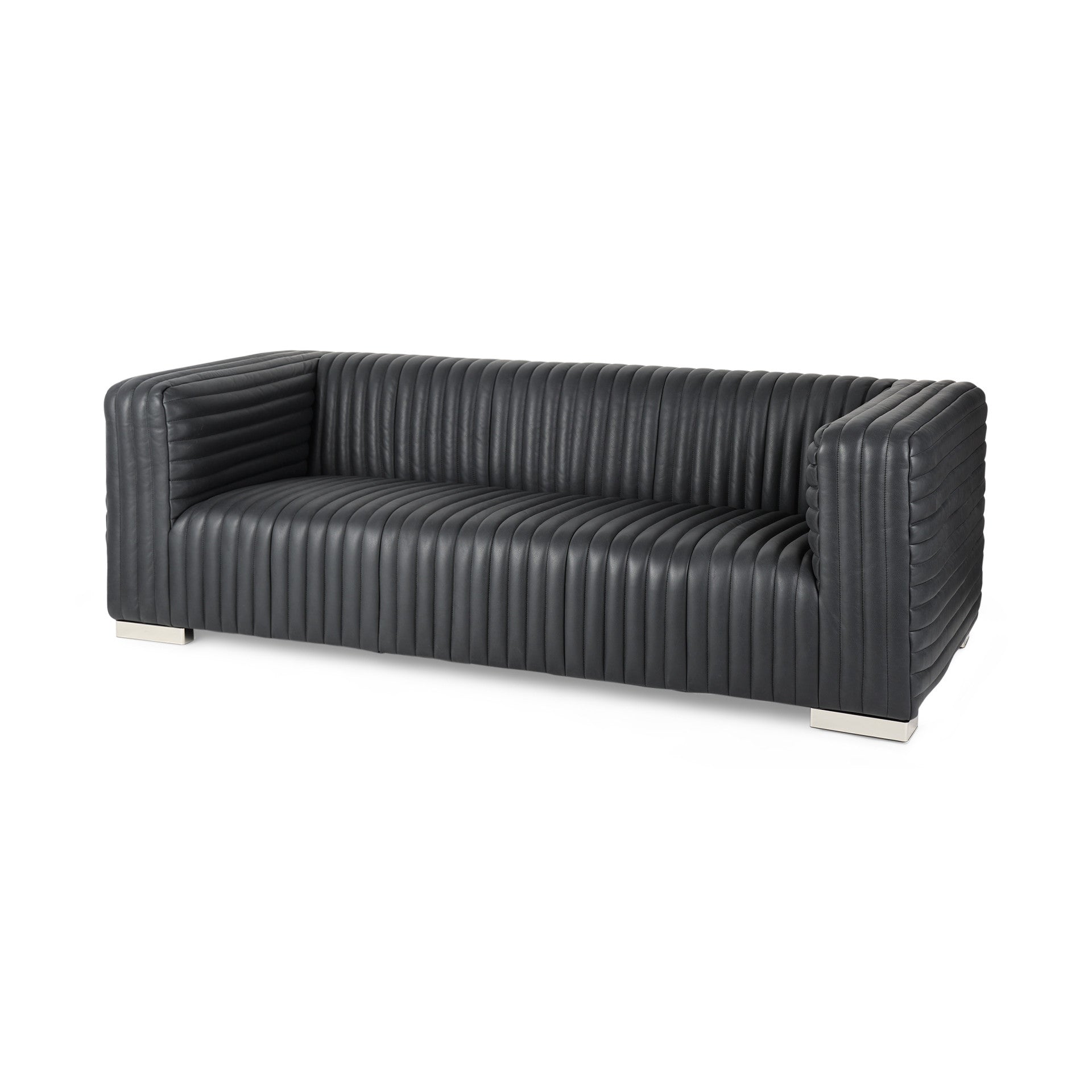 Callum Black Leather Sofa With Silver Legs