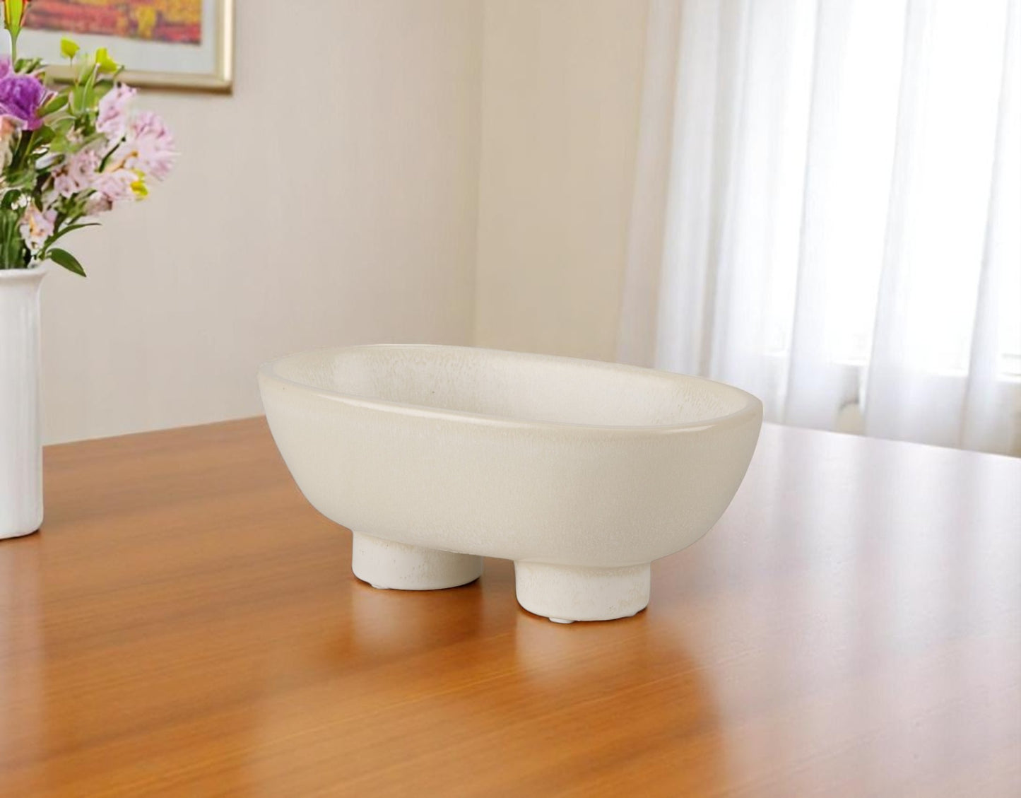 Cream Ceramic Oval Pedestal Centerpiece Bowl