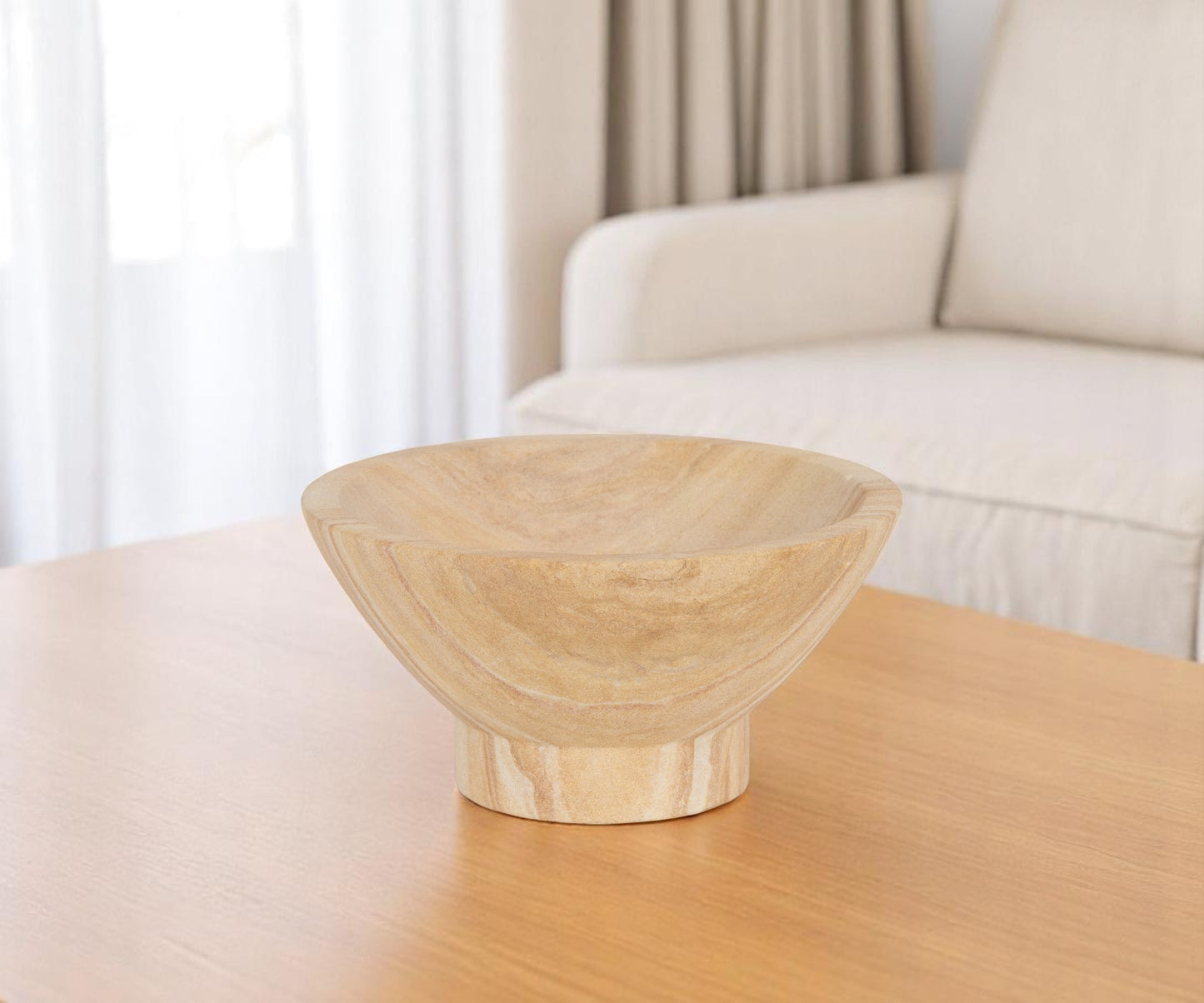 Beige Sandstone Round Pedestal Centerpiece Bowl