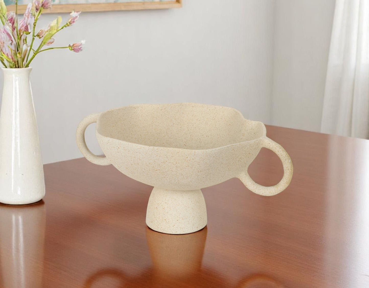 Beige Cast Round Pedestal Centerpiece Bowl w/ Handles
