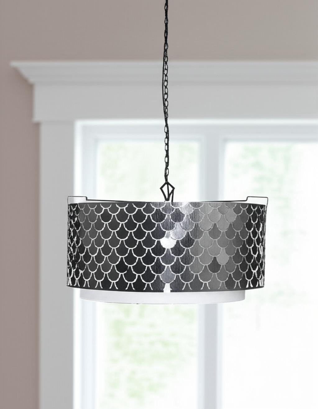 Charcoal Black & White Drum Chandelier w/ Black Shades