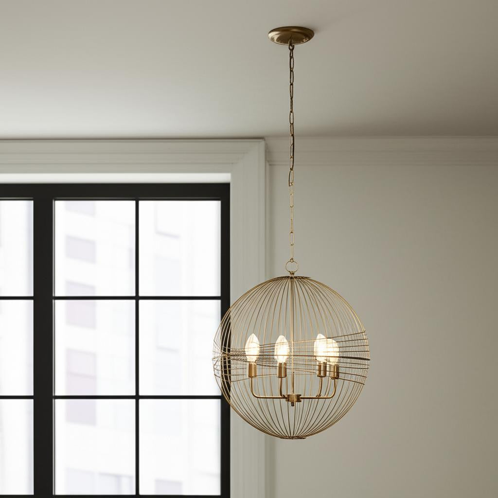 Gold Caged 6 Light Glass Chandelier w/ Shades