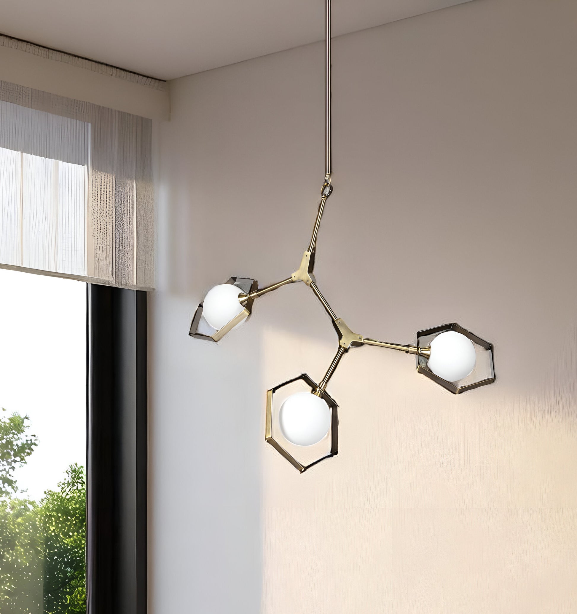 Champagne Unique Statement 3 Light Glass Chandelier w/ White Shades