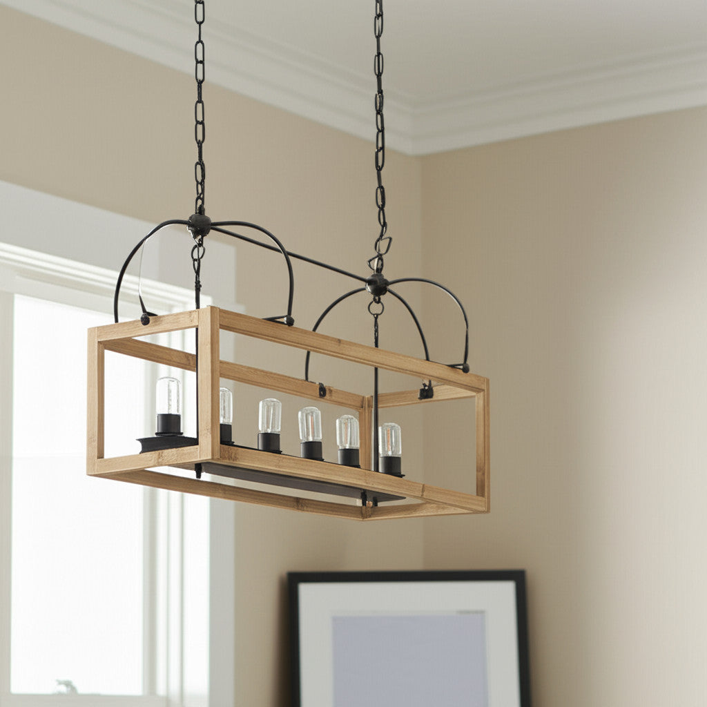 Natural & Black Candle Style 6 Light Wood Chandelier
