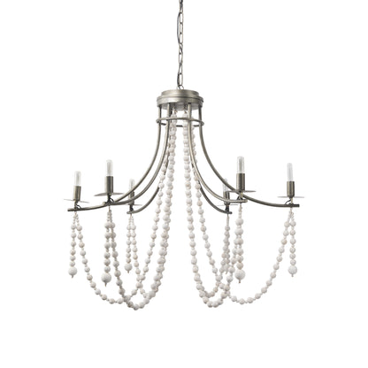 White & Silver Candle Style 6 Light Beads Chandelier