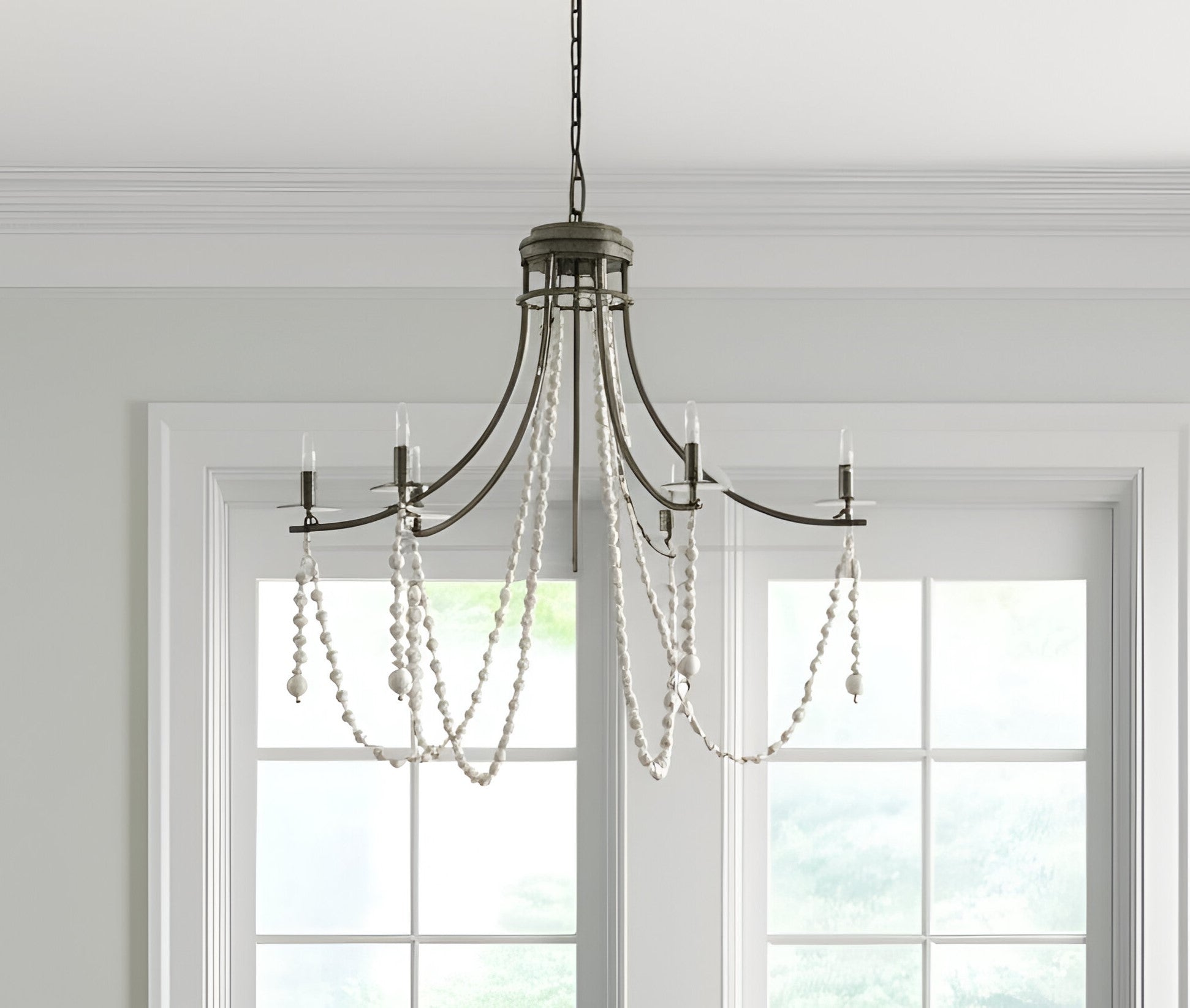 White & Silver Candle Style 6 Light Beads Chandelier