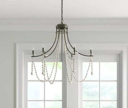 White & Silver Candle Style 6 Light Beads Chandelier