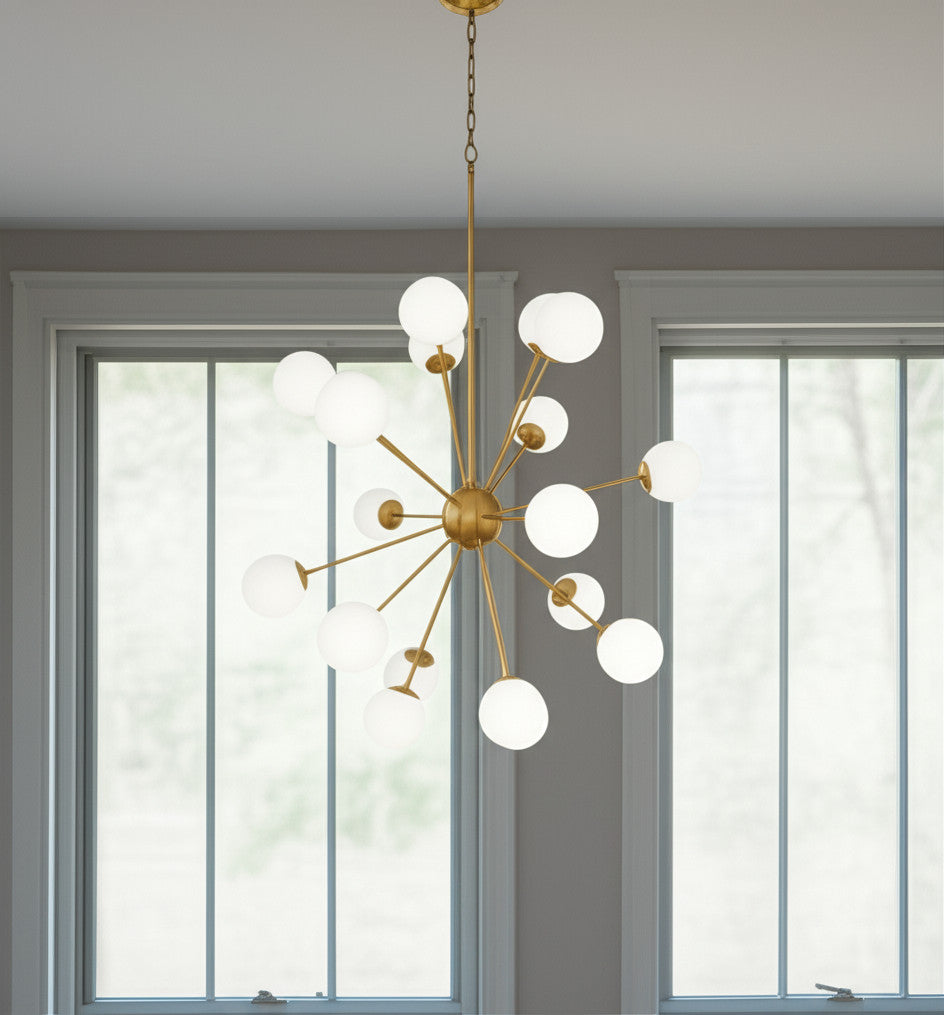 Gold Sputnik Multi Light Frosted Glass Chandelier w/ White Shades