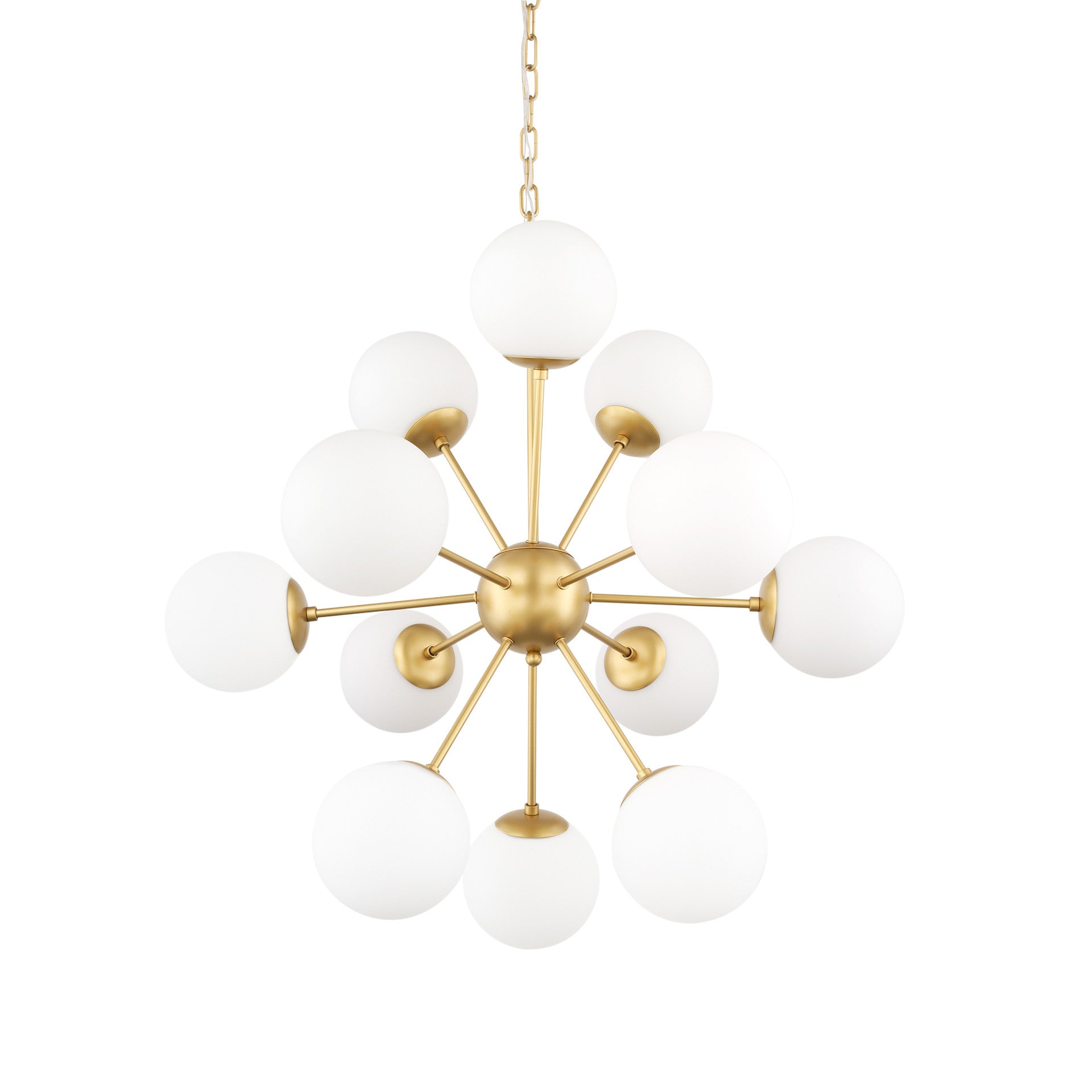 Gold Sputnik 11 Light Frosted Glass Chandelier w/ White Shades