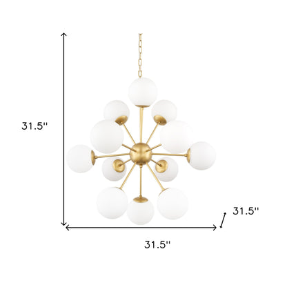Gold Sputnik 11 Light Frosted Glass Chandelier w/ White Shades
