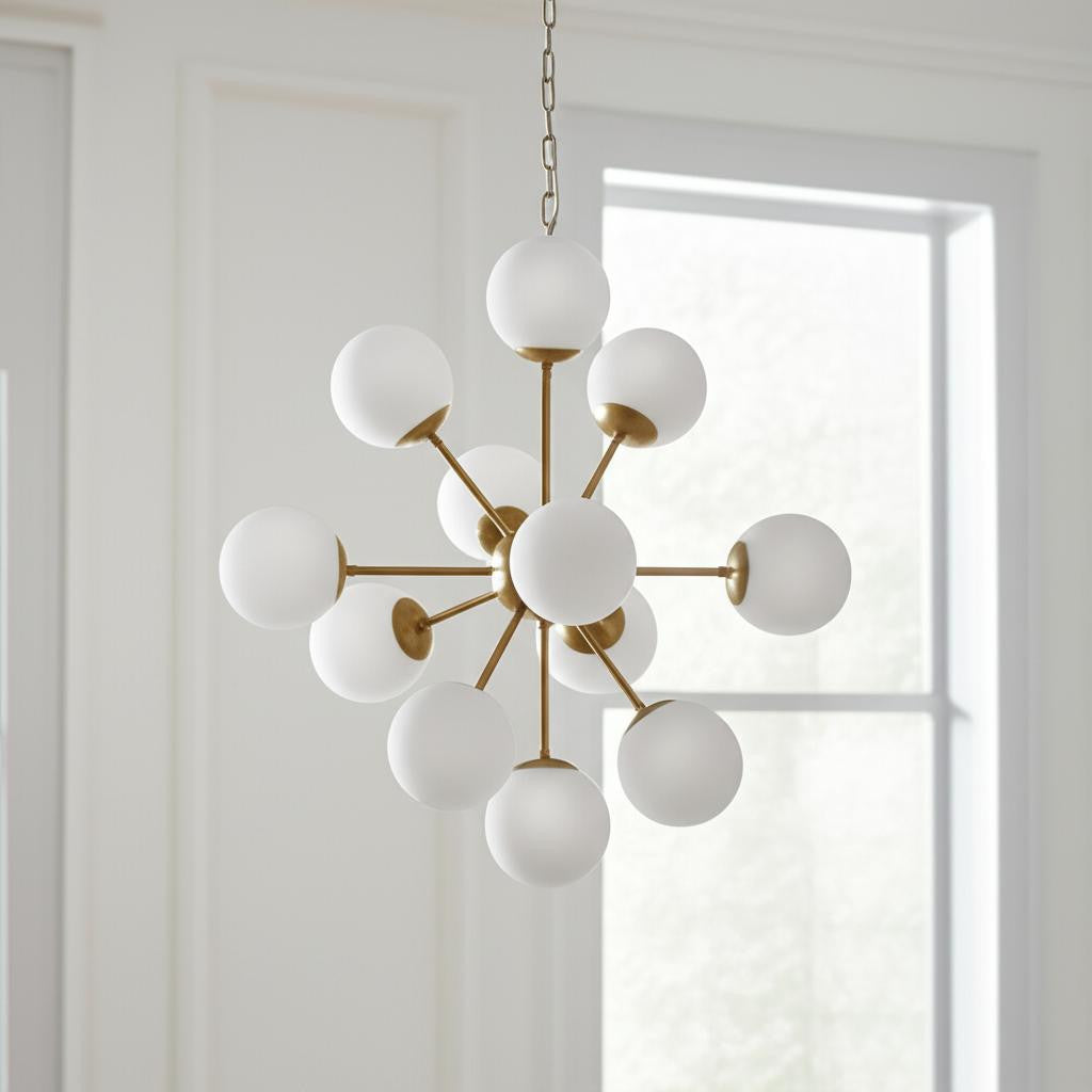 Gold Sputnik 11 Light Frosted Glass Chandelier w/ White Shades