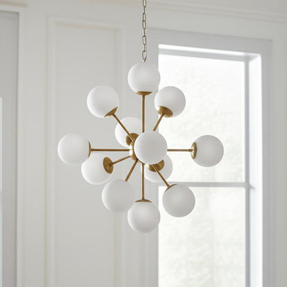 Gold Sputnik 11 Light Frosted Glass Chandelier w/ White Shades