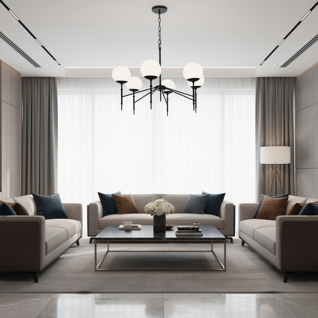 Black Sputnik 6 Light Frosted Glass Chandelier