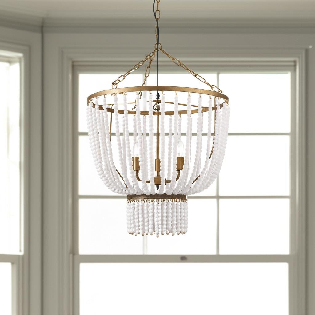 Gold & White Empire 3 Light Beads Chandelier