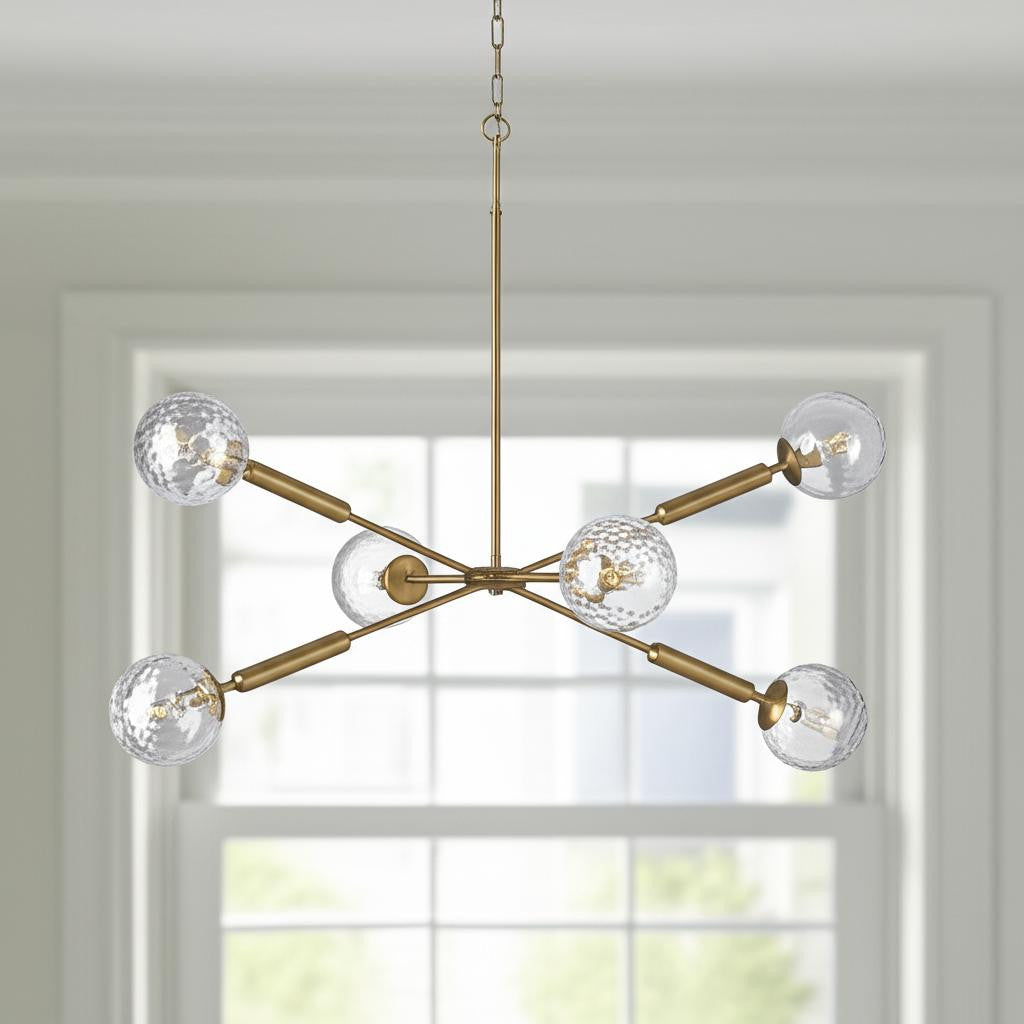 Gold Sputnik 6 Light Glass Chandelier w/ Clear Shades