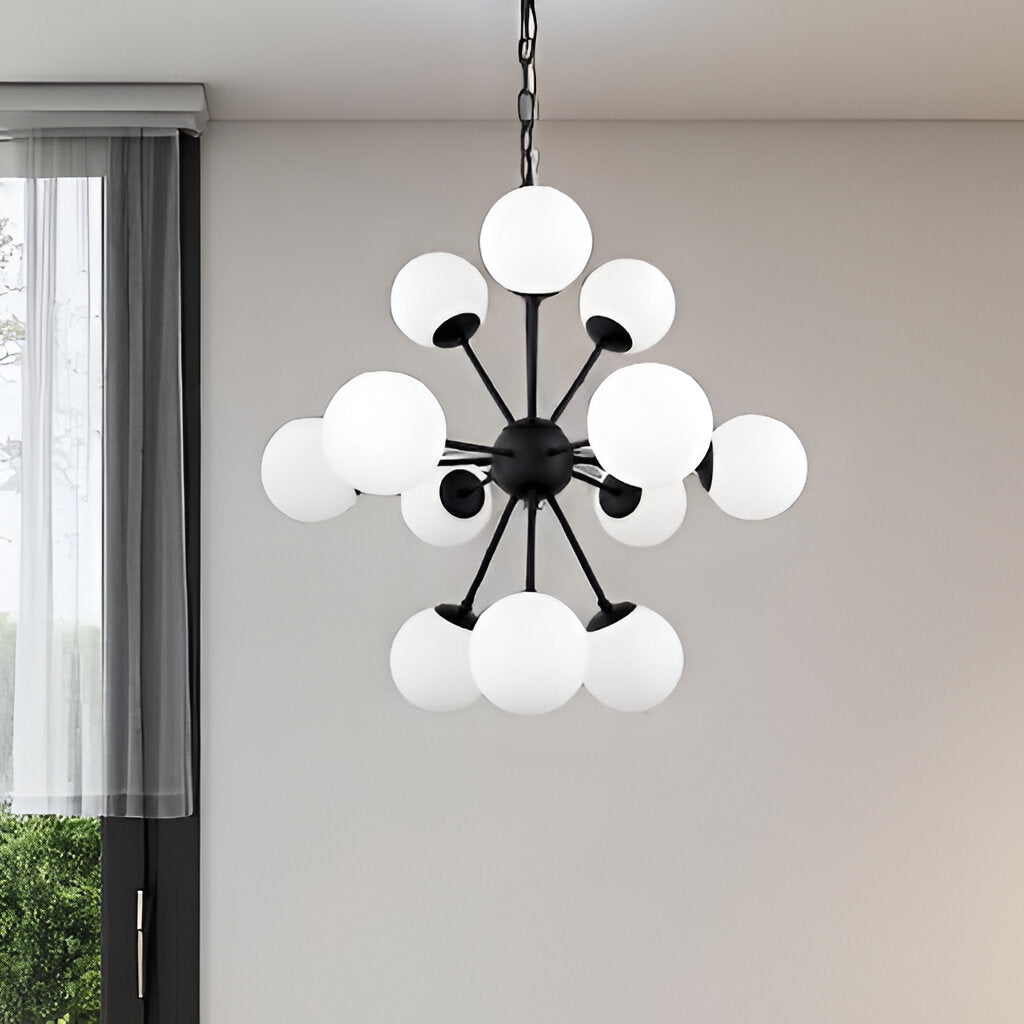Black Sputnik Multi Light Frosted Glass Chandelier w/ White Shades