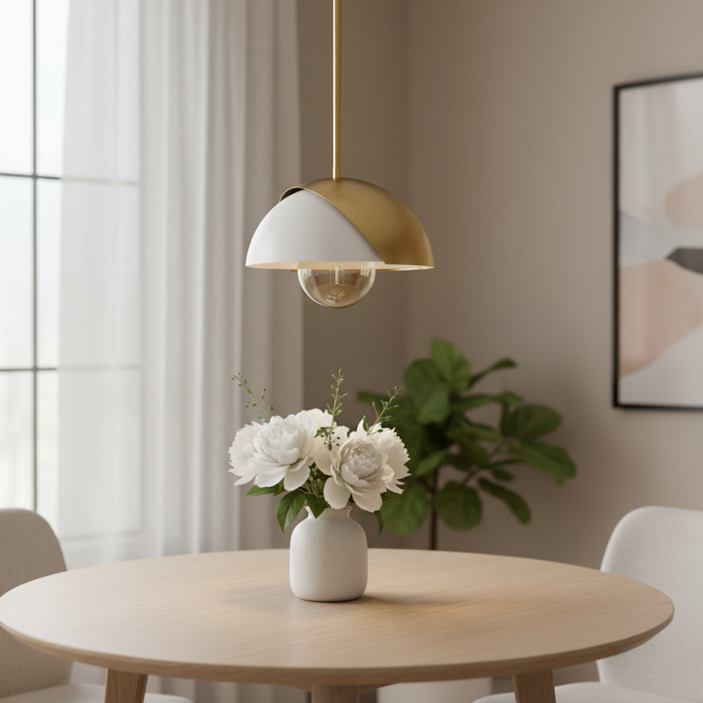 Brass & White Single Ceiling Light w/ White Shades