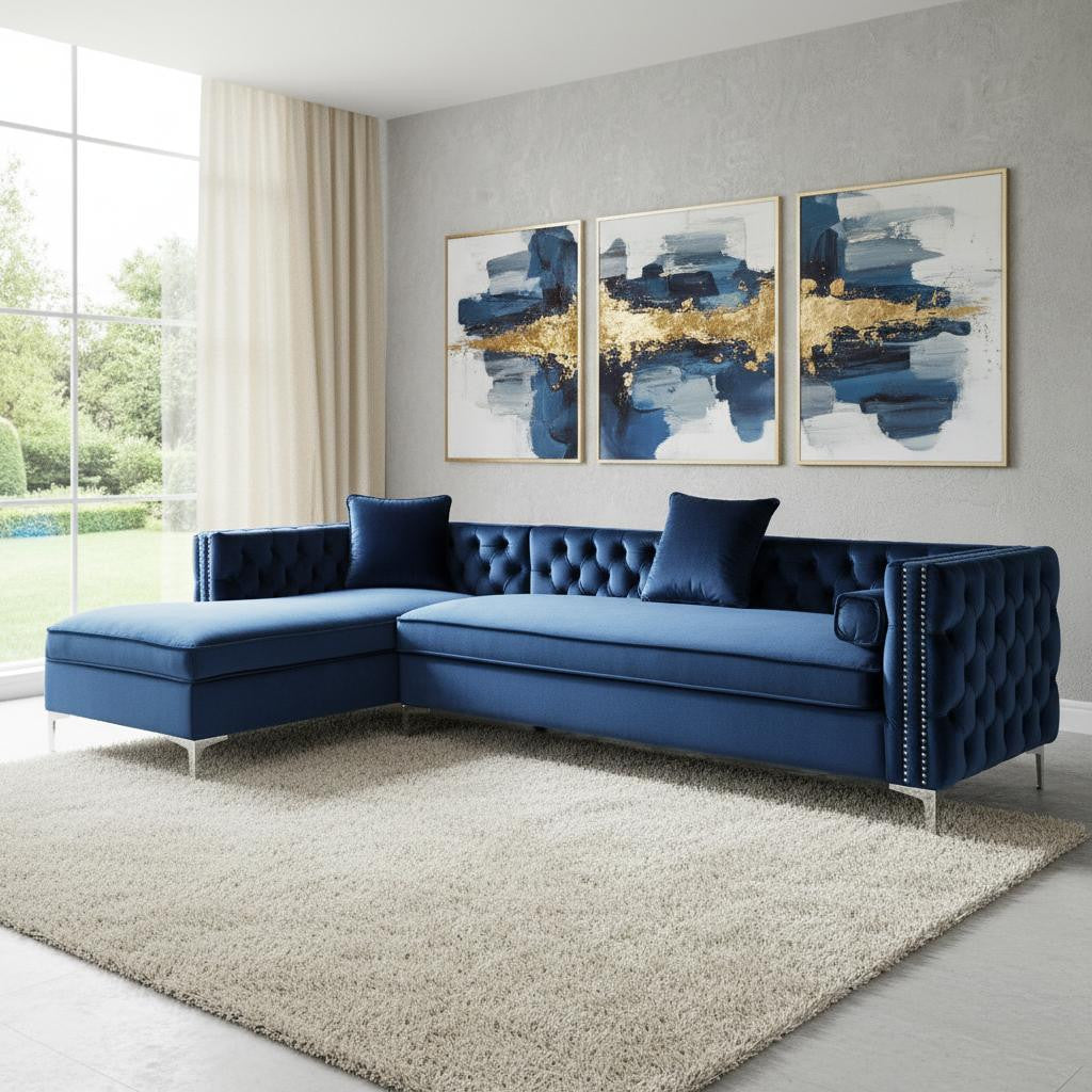 Navy Blue Velvet Rectangular Sofa & Chaise Sectional