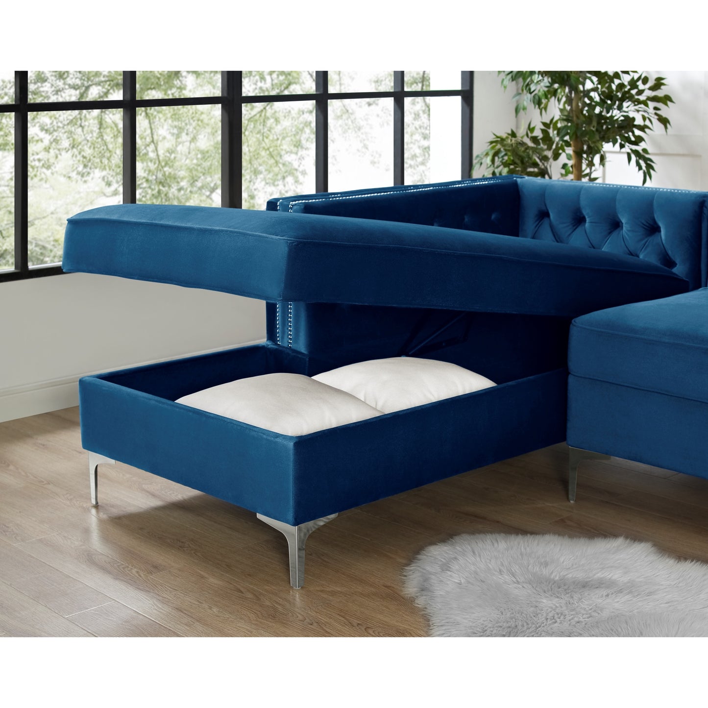 Navy Blue Velvet Rectangular Sofa & Chaise Sectional