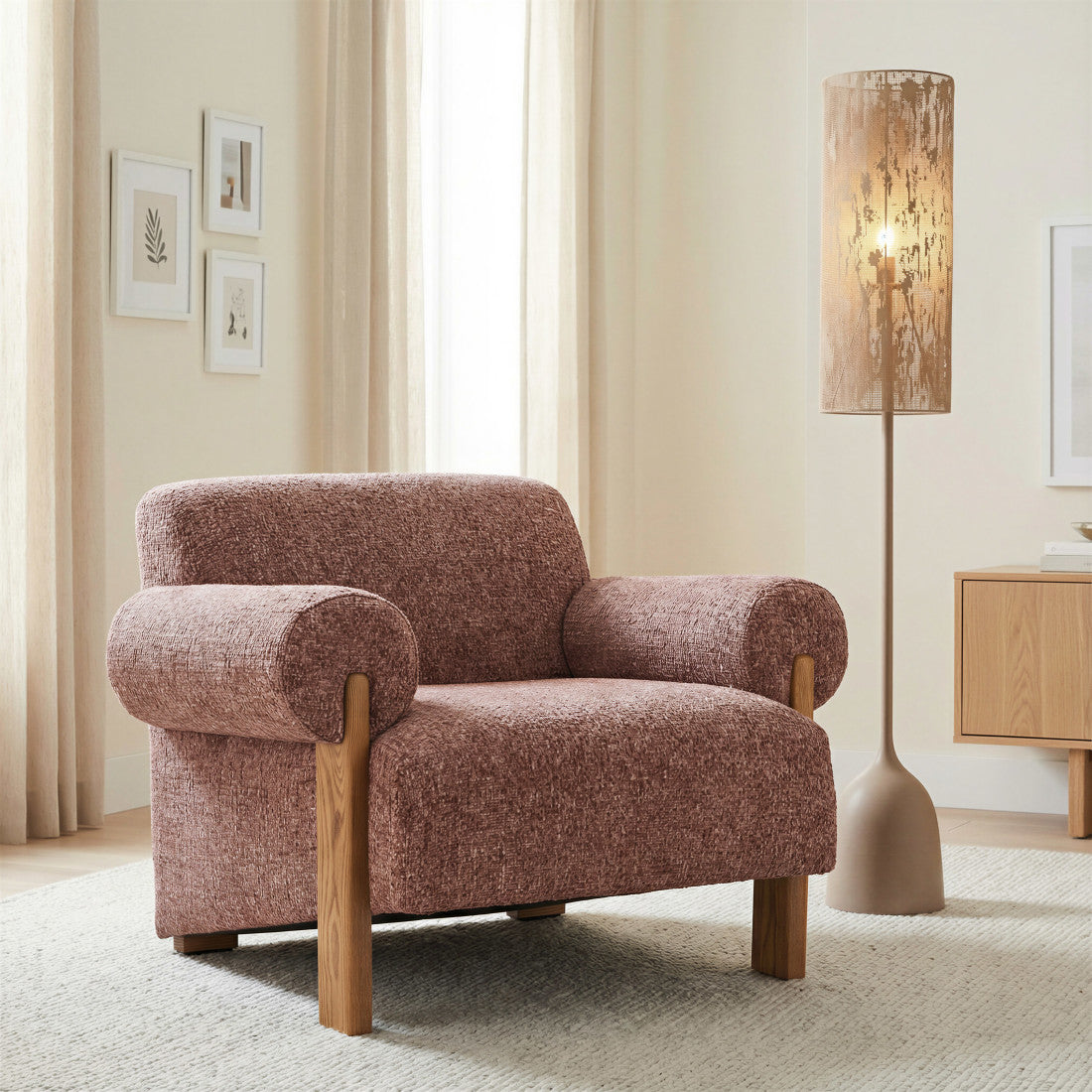 Copper & Brown Woven Upholstery & Solid Wood Arm Chair
