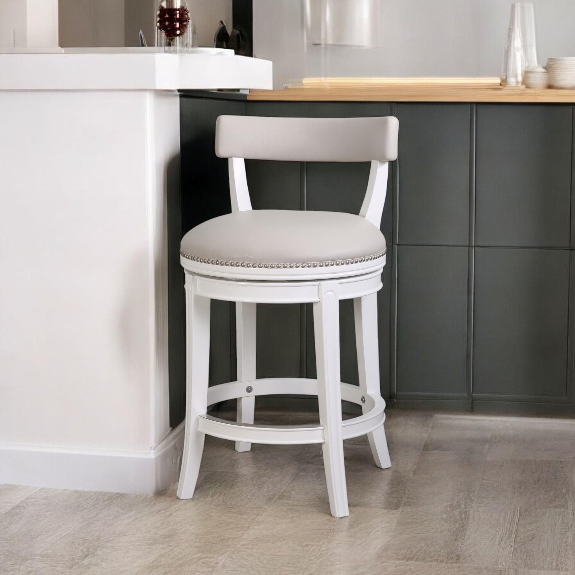 Gray & White Faux Leather & Solid Wood Low Back Counter Height Swivel Bar Chair