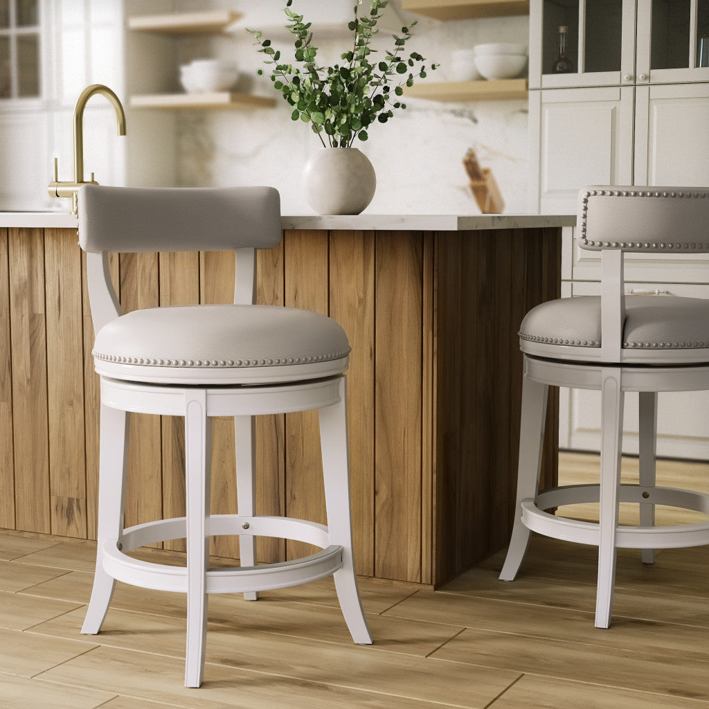 Gray & White Faux Leather & Solid Wood Low Back Counter Height Swivel Bar Chair