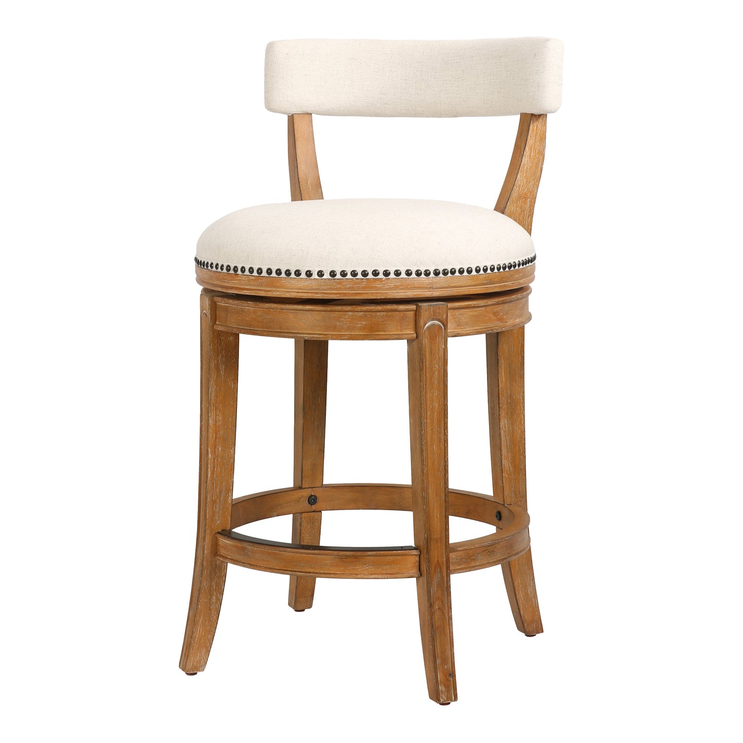 Linen & Brown Fabric & Solid Wood Low Back Counter Height Swivel Bar Chair