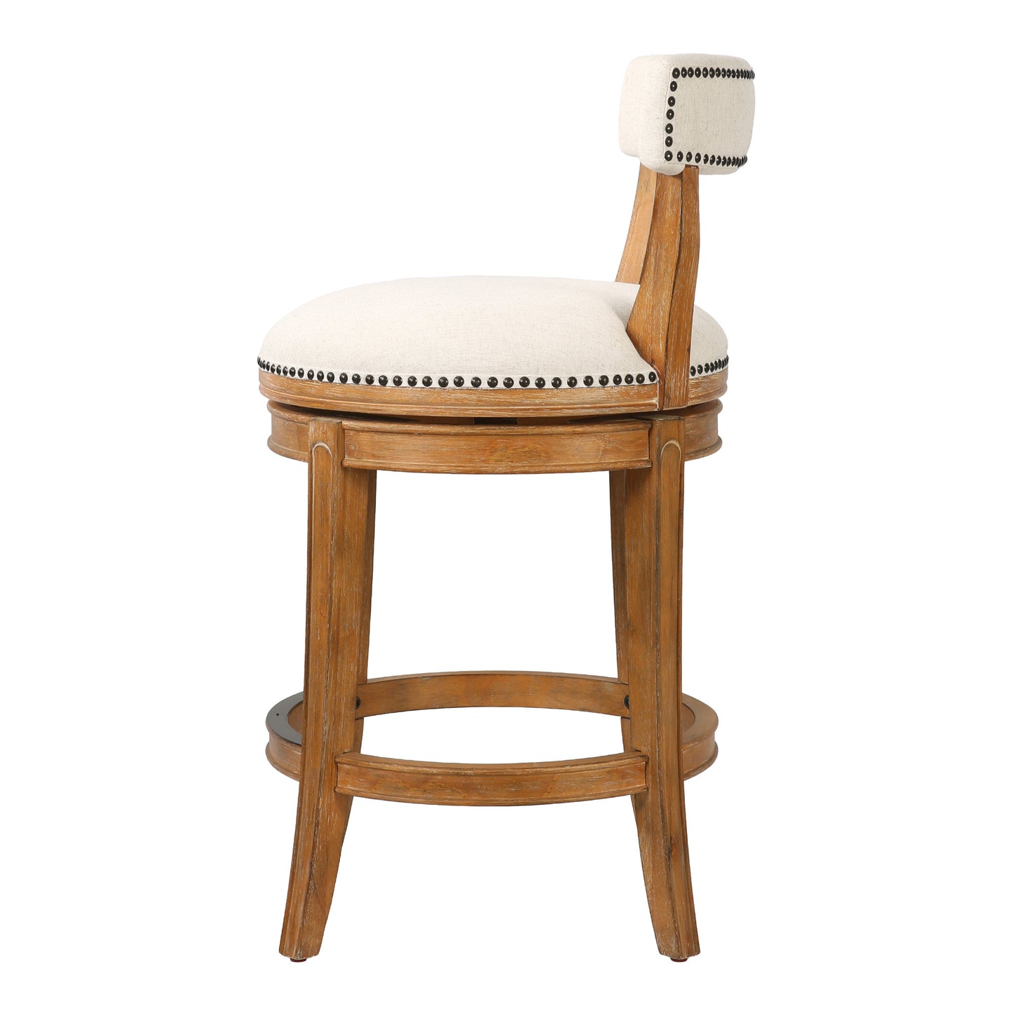 Linen & Brown Fabric & Solid Wood Low Back Counter Height Swivel Bar Chair