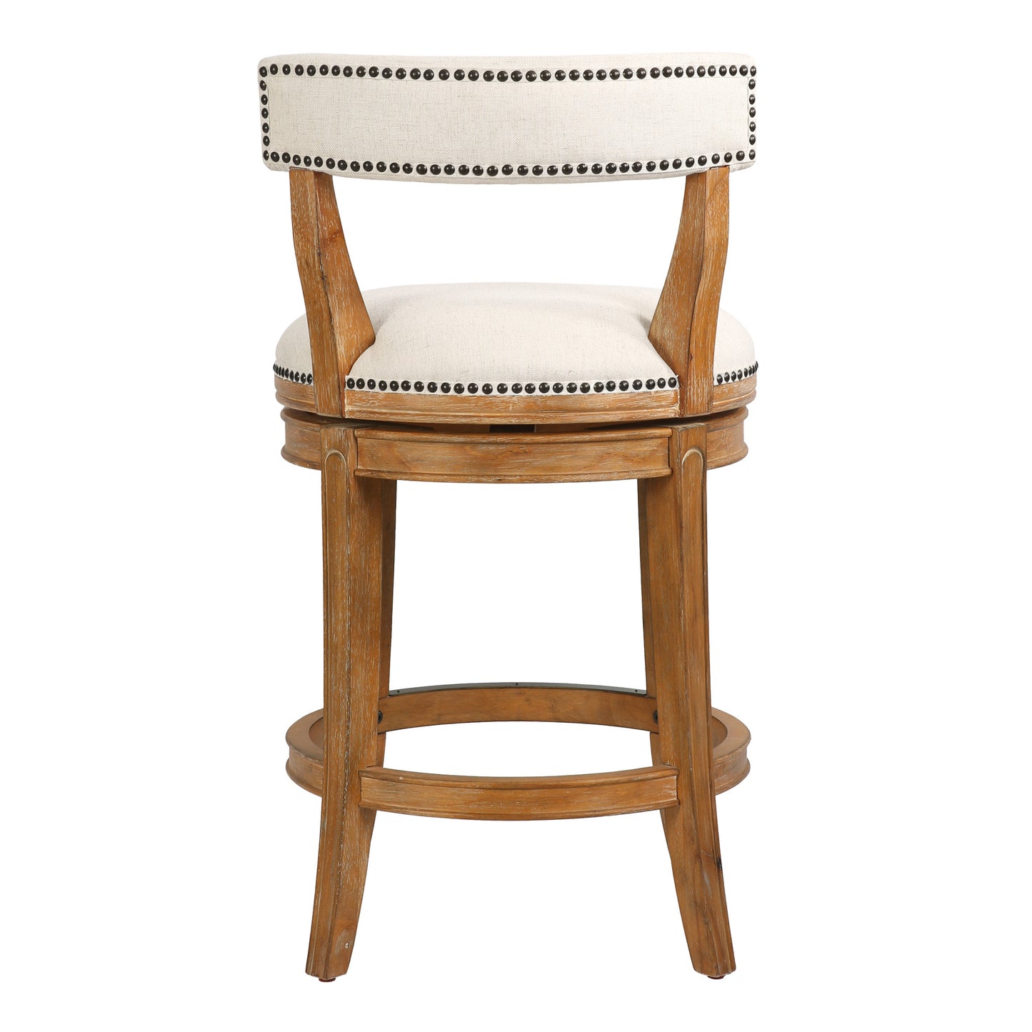 Linen & Brown Fabric & Solid Wood Low Back Counter Height Swivel Bar Chair