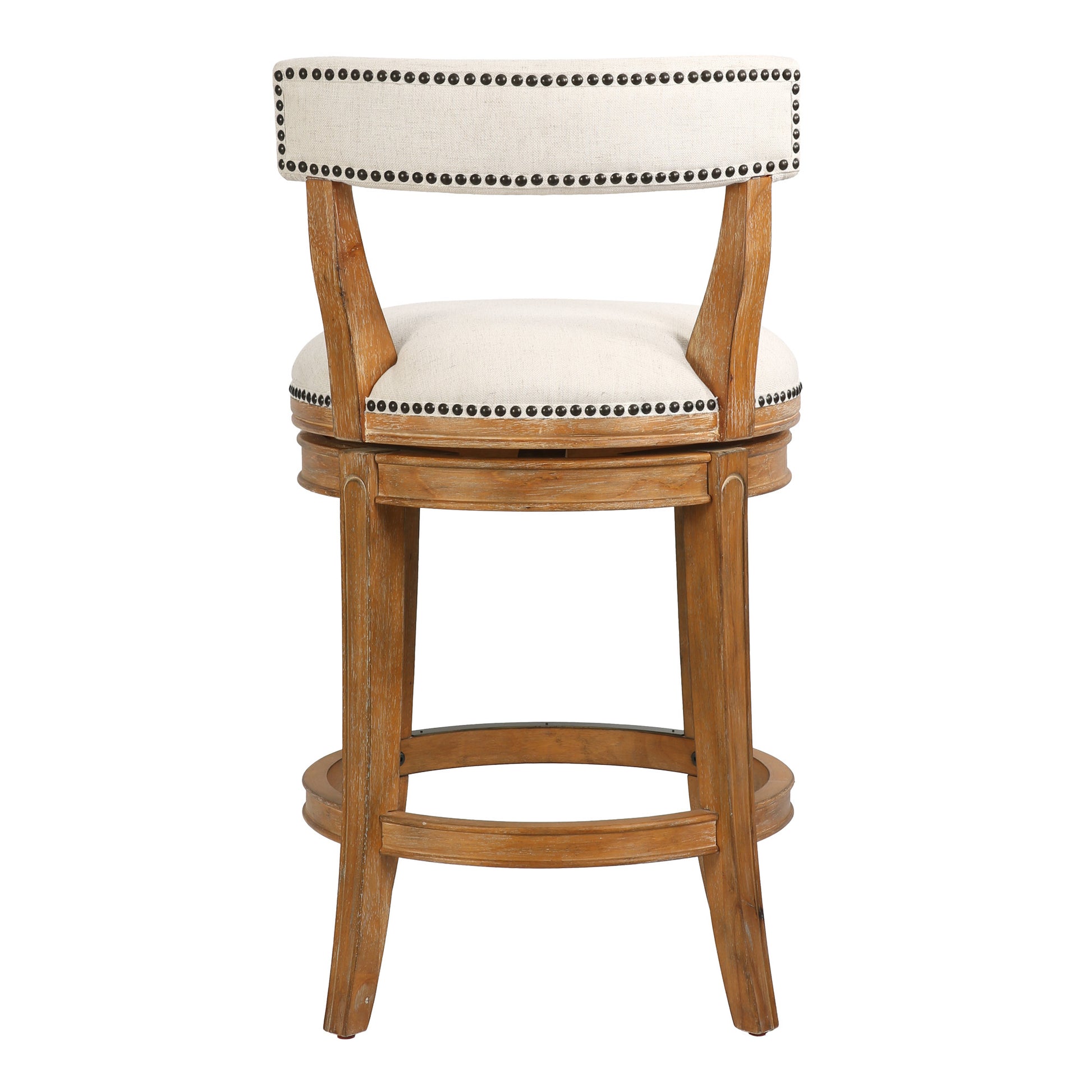Linen & Brown Fabric & Solid Wood Low Back Counter Height Swivel Bar Chair