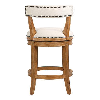 Linen & Brown Fabric & Solid Wood Low Back Counter Height Swivel Bar Chair