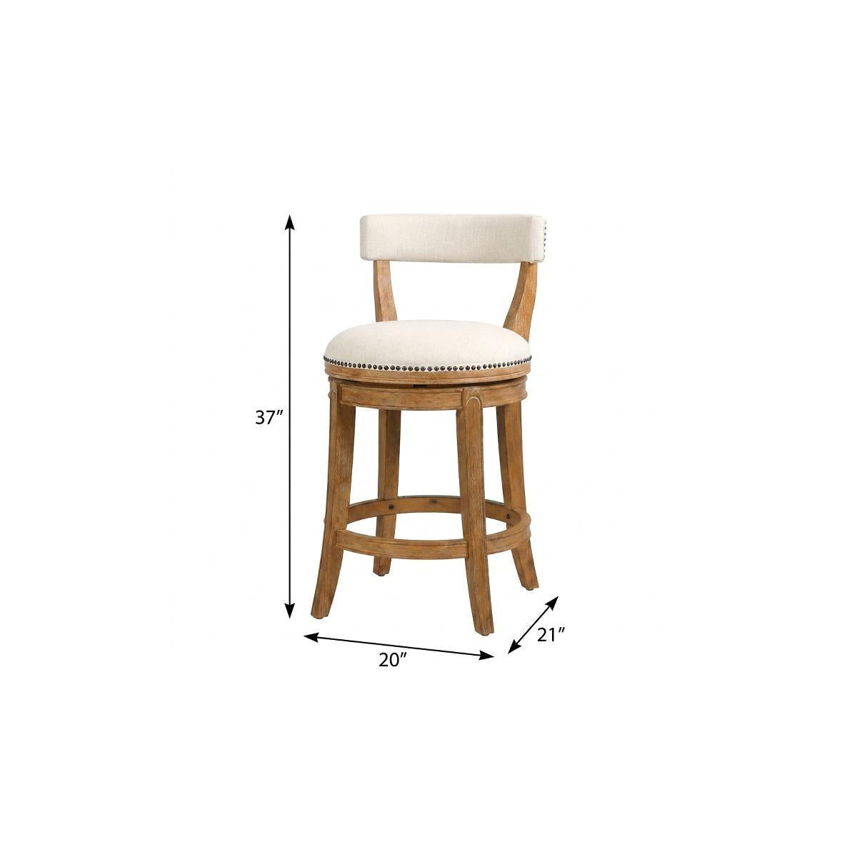 Linen & Brown Fabric & Solid Wood Low Back Counter Height Swivel Bar Chair