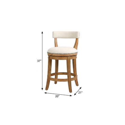 Linen & Brown Fabric & Solid Wood Low Back Counter Height Swivel Bar Chair