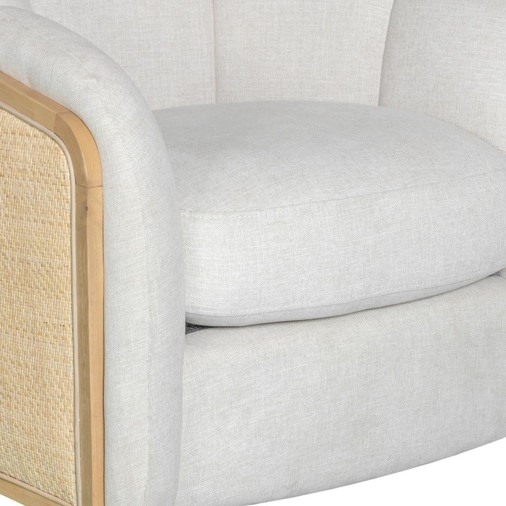 Off White & Natural Fabric Wood & Rattan Swivel Arm Chair