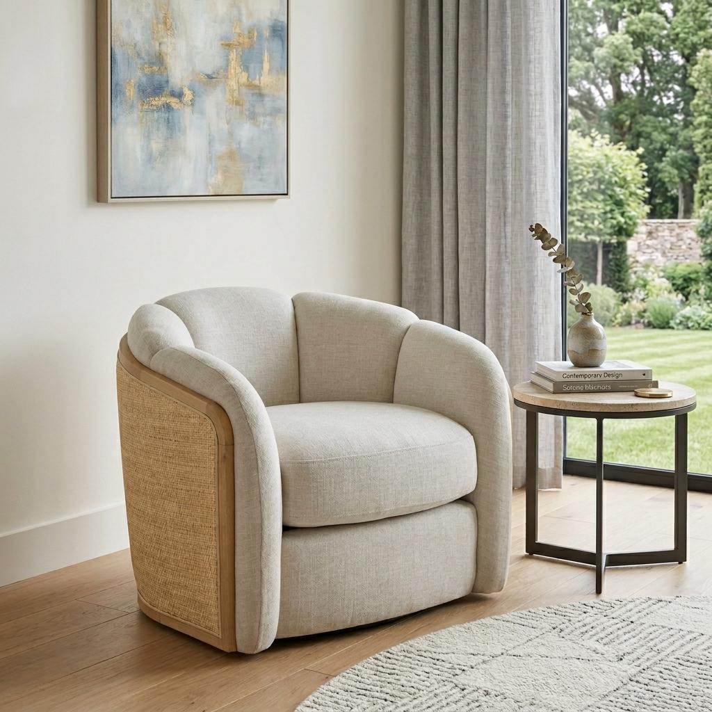 Off White & Natural Fabric Wood & Rattan Swivel Arm Chair