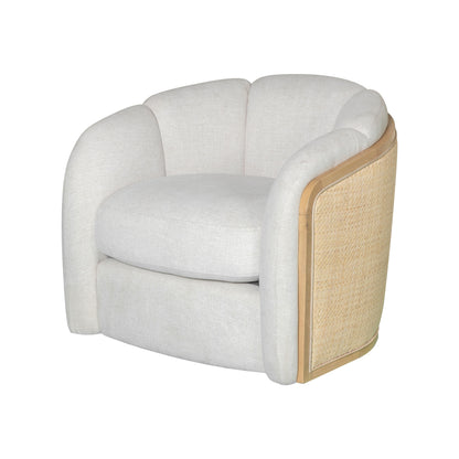 Off White & Natural Fabric Wood & Rattan Swivel Arm Chair