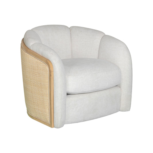 Off White & Natural Fabric Wood & Rattan Swivel Arm Chair