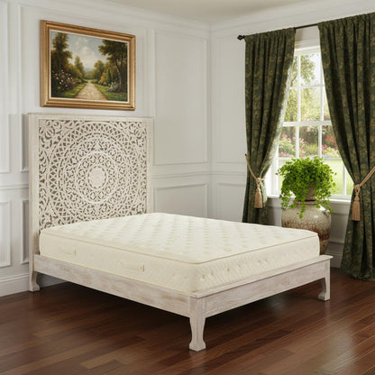White Carved Floral Distressed Solid Wood Queen Bed