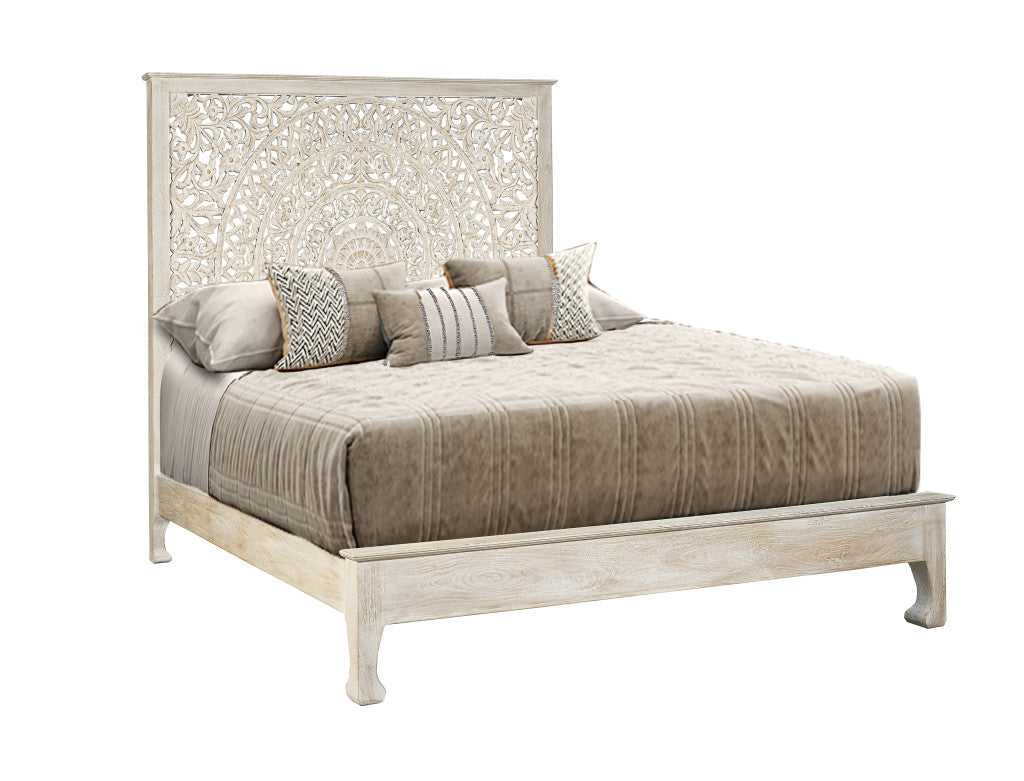 White Carved Floral Distressed Solid Wood Queen Bed